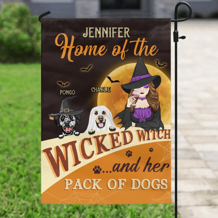 Custom Personalized Halloween Witch Dog Flag Sign - Gift Idea For Family/ Pet Lover - Upto 5 Dogs - Home Of The Wicked Witch And Her Pack Of Dogs