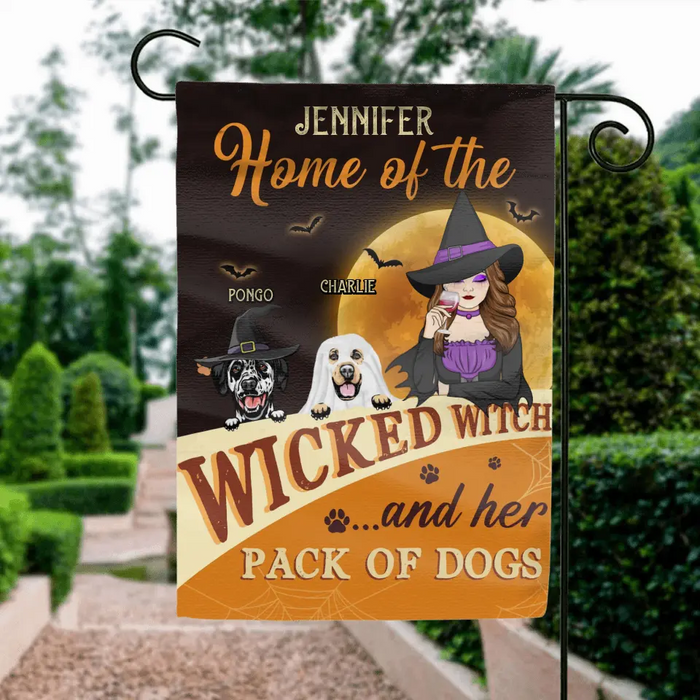 Custom Personalized Halloween Witch Dog Flag Sign - Gift Idea For Family/ Pet Lover - Upto 5 Dogs - Home Of The Wicked Witch And Her Pack Of Dogs