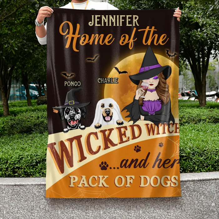 Custom Personalized Halloween Witch Dog Flag Sign - Gift Idea For Family/ Pet Lover - Upto 5 Dogs - Home Of The Wicked Witch And Her Pack Of Dogs