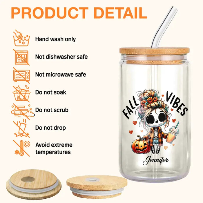 Custom Personalized Fall Vibes Transparent Glass Tumbler With Straw - Gift Idea For Yourself, Women, Fall Lovers - Just A Girl Who Loves Fall & Coffee