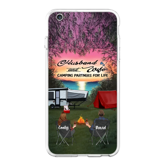 Custom Personalized Camping Phone Case - Couple With Upto 3 Kids And 4 Pets - Gift Idea For Camping Lover - Husband And Wife Camping Partners For Life - Case For iPhone And Samsung