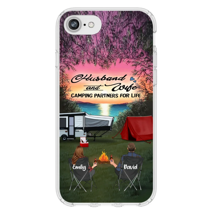 Custom Personalized Camping Phone Case - Couple With Upto 3 Kids And 4 Pets - Gift Idea For Camping Lover - Husband And Wife Camping Partners For Life - Case For iPhone And Samsung