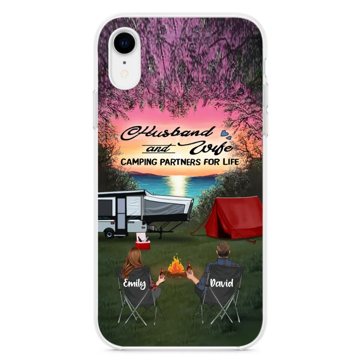 Custom Personalized Camping Phone Case - Couple With Upto 3 Kids And 4 Pets - Gift Idea For Camping Lover - Husband And Wife Camping Partners For Life - Case For iPhone And Samsung