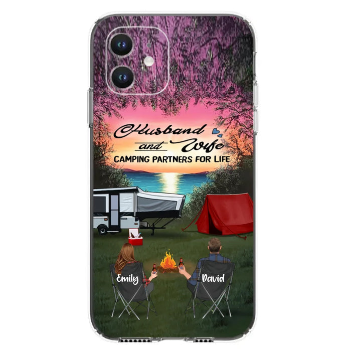 Custom Personalized Camping Phone Case - Couple With Upto 3 Kids And 4 Pets - Gift Idea For Camping Lover - Husband And Wife Camping Partners For Life - Case For iPhone And Samsung