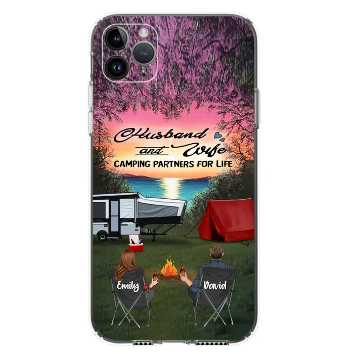 Custom Personalized Camping Phone Case - Couple With Upto 3 Kids And 4 Pets - Gift Idea For Camping Lover - Husband And Wife Camping Partners For Life - Case For iPhone And Samsung