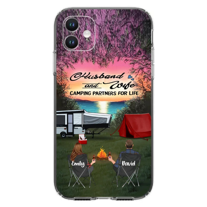 Custom Personalized Camping Phone Case - Couple With Upto 3 Kids And 4 Pets - Gift Idea For Camping Lover - Husband And Wife Camping Partners For Life - Case For iPhone And Samsung