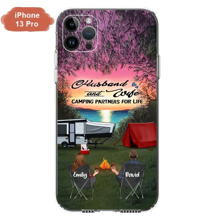 Custom Personalized Camping Phone Case - Couple With Upto 3 Kids And 4 Pets - Gift Idea For Camping Lover - Husband And Wife Camping Partners For Life - Case For iPhone And Samsung