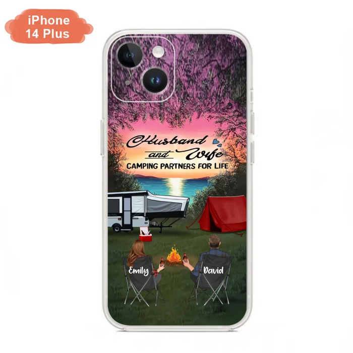 Custom Personalized Camping Phone Case - Couple With Upto 3 Kids And 4 Pets - Gift Idea For Camping Lover - Husband And Wife Camping Partners For Life - Case For iPhone And Samsung