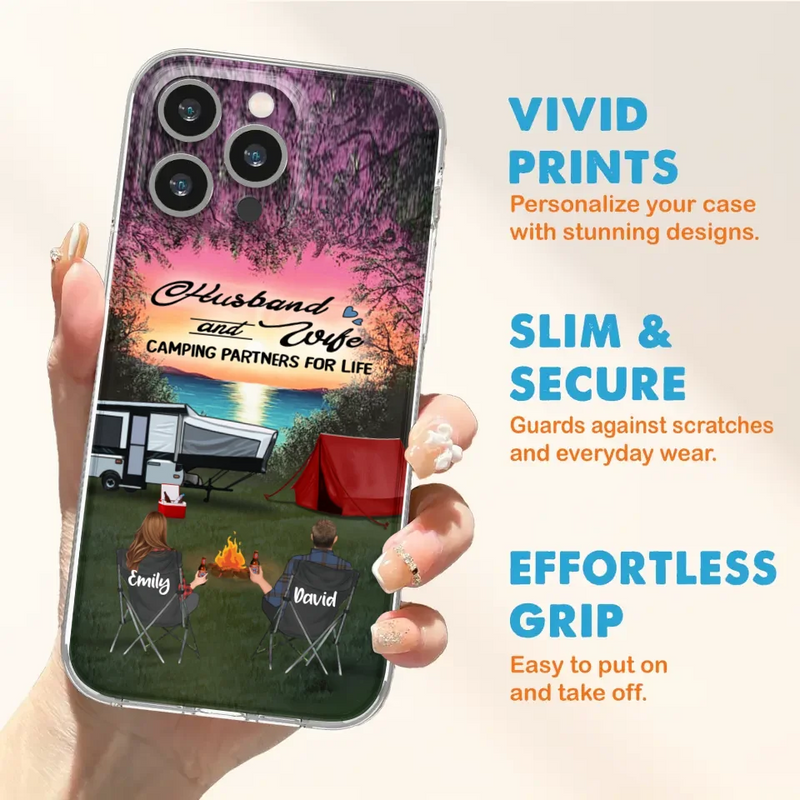 Custom Personalized Camping Phone Case - Couple With Upto 3 Kids And 4 Pets - Gift Idea For Camping Lover - Husband And Wife Camping Partners For Life - Case For iPhone And Samsung