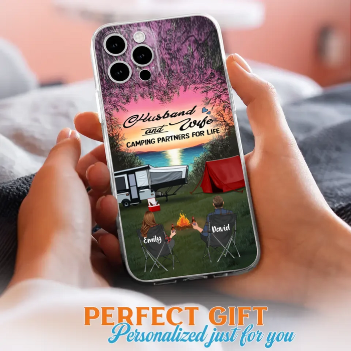 Custom Personalized Camping Phone Case - Couple With Upto 3 Kids And 4 Pets - Gift Idea For Camping Lover - Husband And Wife Camping Partners For Life - Case For iPhone And Samsung