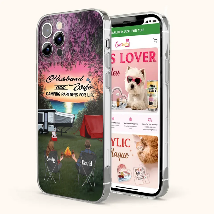 Custom Personalized Camping Phone Case - Couple With Upto 3 Kids And 4 Pets - Gift Idea For Camping Lover - Husband And Wife Camping Partners For Life - Case For iPhone And Samsung