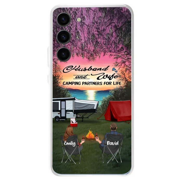 Custom Personalized Camping Phone Case - Couple With Upto 3 Kids And 4 Pets - Gift Idea For Camping Lover - Husband And Wife Camping Partners For Life - Case For iPhone And Samsung