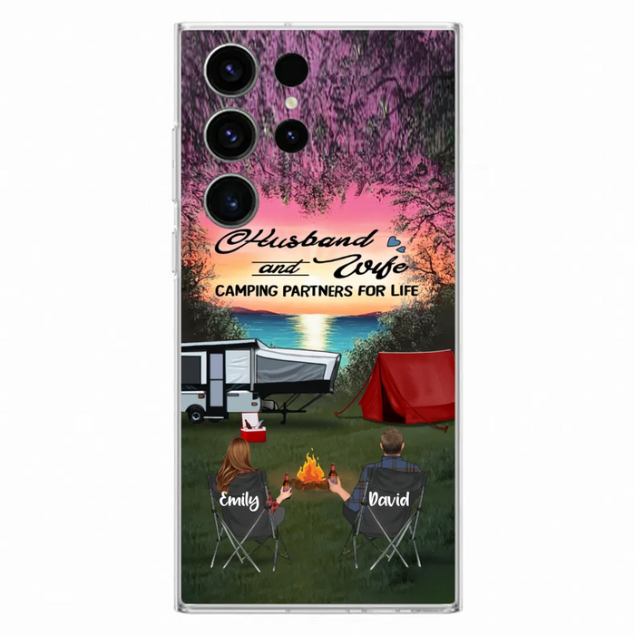 Custom Personalized Camping Phone Case - Couple With Upto 3 Kids And 4 Pets - Gift Idea For Camping Lover - Husband And Wife Camping Partners For Life - Case For iPhone And Samsung