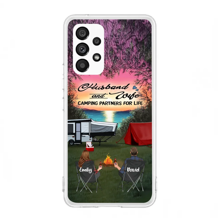 Custom Personalized Camping Phone Case - Couple With Upto 3 Kids And 4 Pets - Gift Idea For Camping Lover - Husband And Wife Camping Partners For Life - Case For iPhone And Samsung