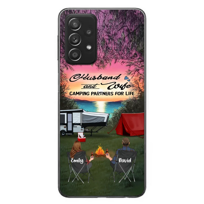 Custom Personalized Camping Phone Case - Couple With Upto 3 Kids And 4 Pets - Gift Idea For Camping Lover - Husband And Wife Camping Partners For Life - Case For iPhone And Samsung