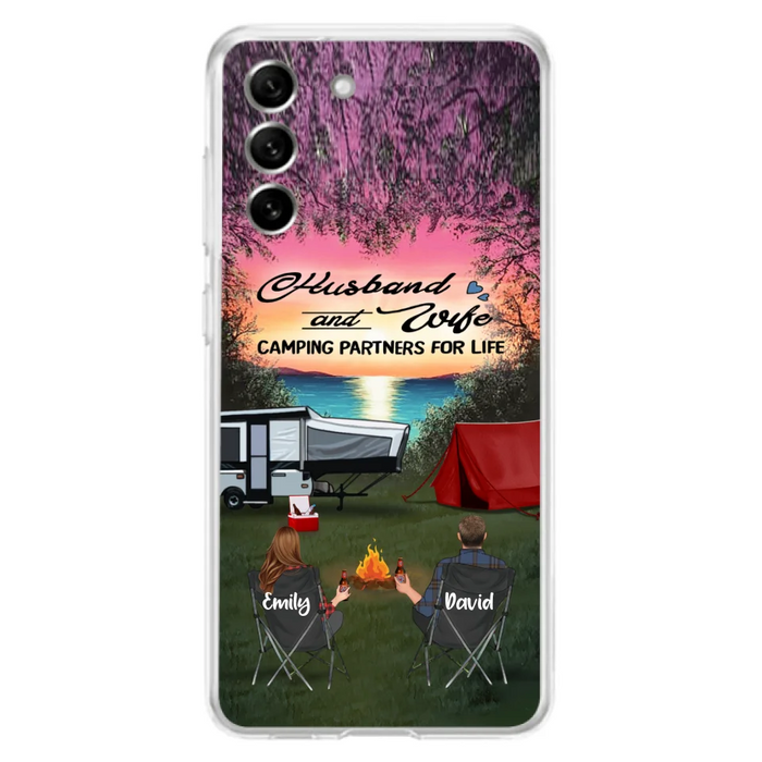 Custom Personalized Camping Phone Case - Couple With Upto 3 Kids And 4 Pets - Gift Idea For Camping Lover - Husband And Wife Camping Partners For Life - Case For iPhone And Samsung