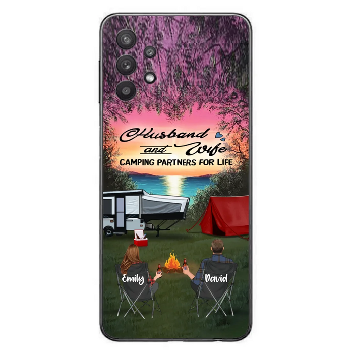 Custom Personalized Camping Phone Case - Couple With Upto 3 Kids And 4 Pets - Gift Idea For Camping Lover - Husband And Wife Camping Partners For Life - Case For iPhone And Samsung