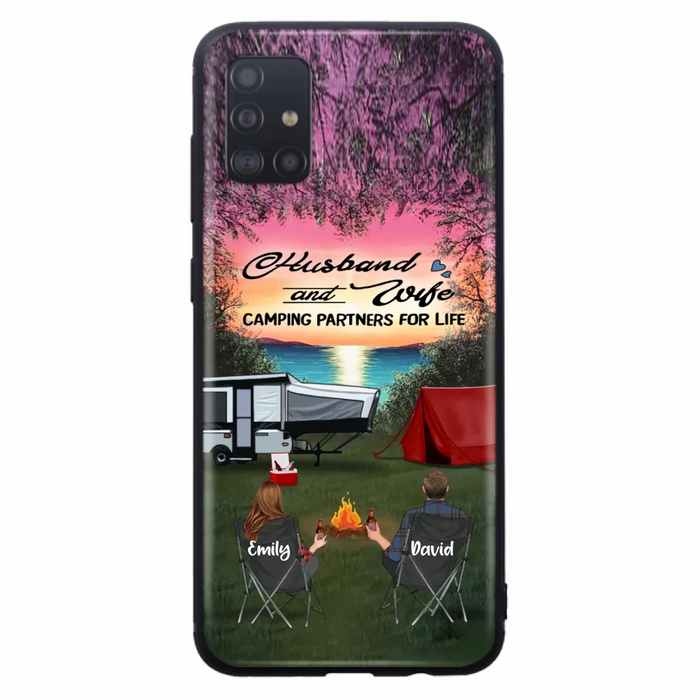 Custom Personalized Camping Phone Case - Couple With Upto 3 Kids And 4 Pets - Gift Idea For Camping Lover - Husband And Wife Camping Partners For Life - Case For iPhone And Samsung