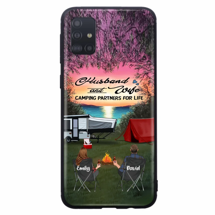 Custom Personalized Camping Phone Case - Couple With Upto 3 Kids And 4 Pets - Gift Idea For Camping Lover - Husband And Wife Camping Partners For Life - Case For iPhone And Samsung