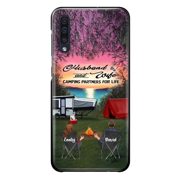 Custom Personalized Camping Phone Case - Couple With Upto 3 Kids And 4 Pets - Gift Idea For Camping Lover - Husband And Wife Camping Partners For Life - Case For iPhone And Samsung