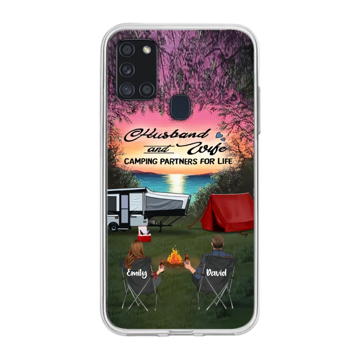 Custom Personalized Camping Phone Case - Couple With Upto 3 Kids And 4 Pets - Gift Idea For Camping Lover - Husband And Wife Camping Partners For Life - Case For iPhone And Samsung