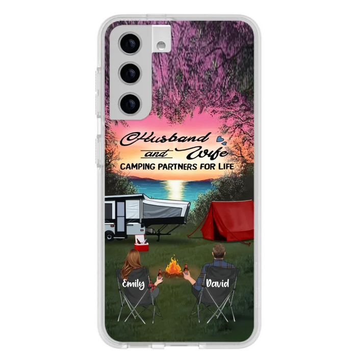 Custom Personalized Camping Phone Case - Couple With Upto 3 Kids And 4 Pets - Gift Idea For Camping Lover - Husband And Wife Camping Partners For Life - Case For iPhone And Samsung