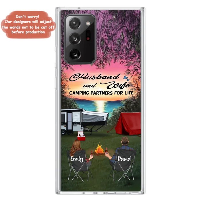 Custom Personalized Camping Phone Case - Couple With Upto 3 Kids And 4 Pets - Gift Idea For Camping Lover - Husband And Wife Camping Partners For Life - Case For iPhone And Samsung