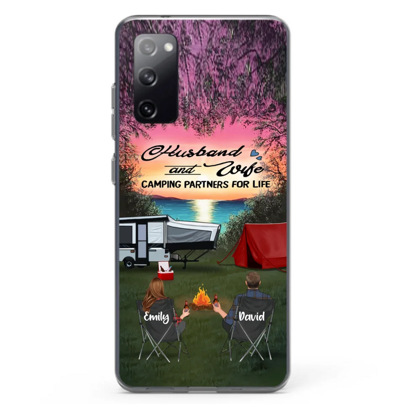 Custom Personalized Camping Phone Case - Couple With Upto 3 Kids And 4 Pets - Gift Idea For Camping Lover - Husband And Wife Camping Partners For Life - Case For iPhone And Samsung