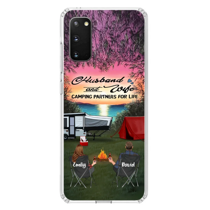 Custom Personalized Camping Phone Case - Couple With Upto 3 Kids And 4 Pets - Gift Idea For Camping Lover - Husband And Wife Camping Partners For Life - Case For iPhone And Samsung