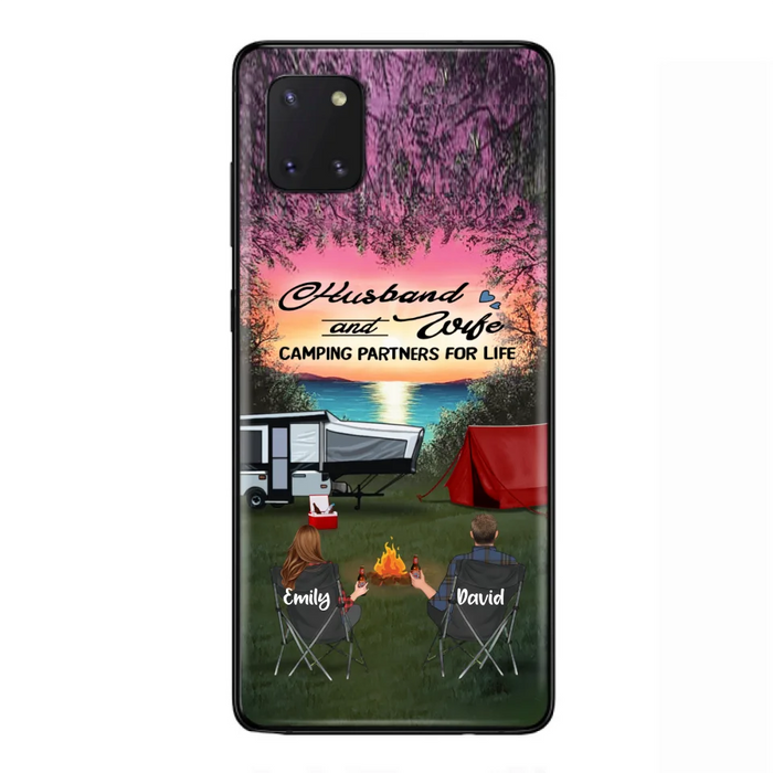 Custom Personalized Camping Phone Case - Couple With Upto 3 Kids And 4 Pets - Gift Idea For Camping Lover - Husband And Wife Camping Partners For Life - Case For iPhone And Samsung