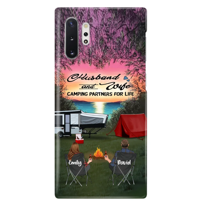 Custom Personalized Camping Phone Case - Couple With Upto 3 Kids And 4 Pets - Gift Idea For Camping Lover - Husband And Wife Camping Partners For Life - Case For iPhone And Samsung