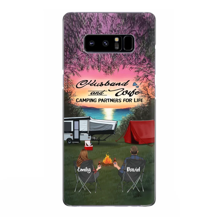 Custom Personalized Camping Phone Case - Couple With Upto 3 Kids And 4 Pets - Gift Idea For Camping Lover - Husband And Wife Camping Partners For Life - Case For iPhone And Samsung