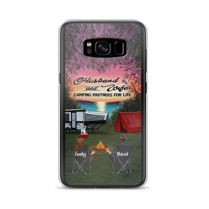 Custom Personalized Camping Phone Case - Couple With Upto 3 Kids And 4 Pets - Gift Idea For Camping Lover - Husband And Wife Camping Partners For Life - Case For iPhone And Samsung