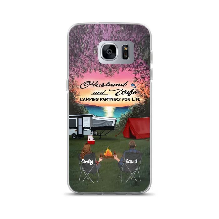 Custom Personalized Camping Phone Case - Couple With Upto 3 Kids And 4 Pets - Gift Idea For Camping Lover - Husband And Wife Camping Partners For Life - Case For iPhone And Samsung