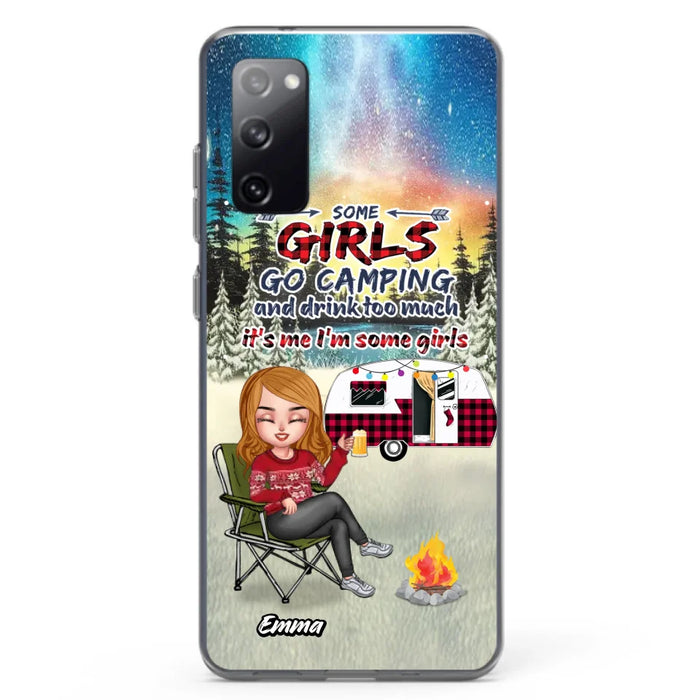 Custom Personalized Xmas Camping Girl Phone Case - Christmas Gift For Camping Lover - Upto 3 Dogs - Some Girls Go Camping And Drink Too Much - Case For iPhone And Samsung