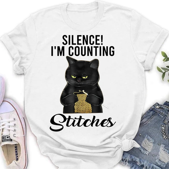 Custom Personalized Cat T-shirt/ Long Sleeve/ Sweatshirt/ Hoodie - Gift Idea For Knitting Lover - Silence I'm Counting Stitches