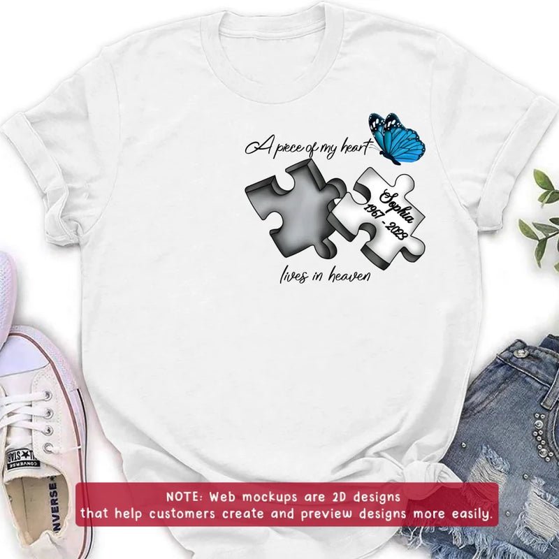 Personalized Memorial Embroidered T-Shirt/Hoodie/Sweater - Up to 5 Puzzles - Memorial Gift for Mother's Day/Father's Day - A Piece Of My Heart Lives In Heaven