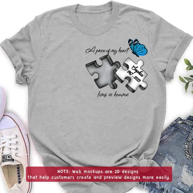 Personalized Memorial Embroidered T-Shirt/Hoodie/Sweater - Up to 5 Puzzles - Memorial Gift for Mother's Day/Father's Day - A Piece Of My Heart Lives In Heaven