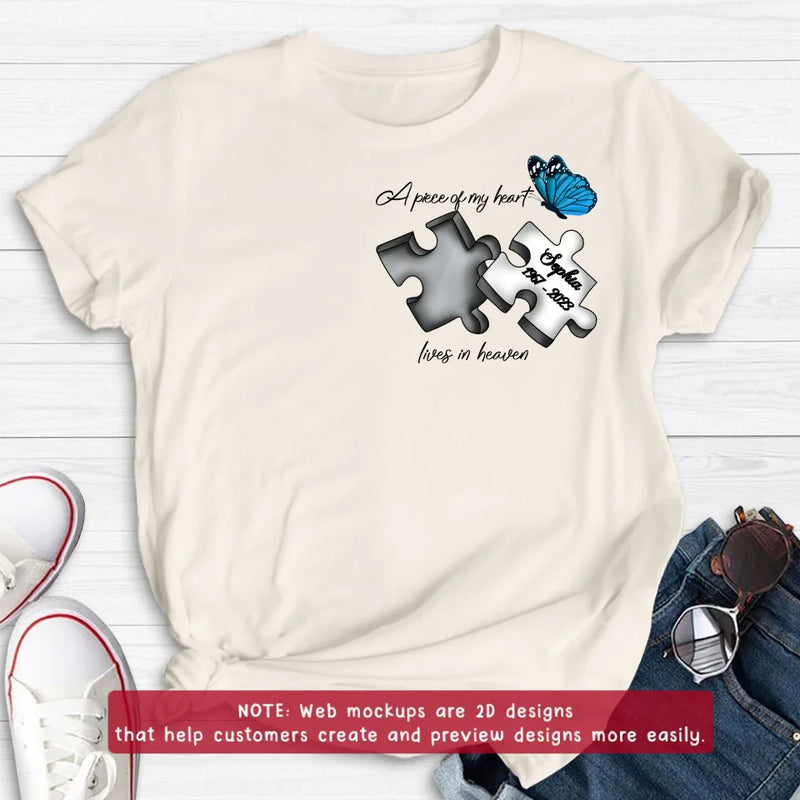 Personalized Memorial Embroidered T-Shirt/Hoodie/Sweater - Up to 5 Puzzles - Memorial Gift for Mother's Day/Father's Day - A Piece Of My Heart Lives In Heaven