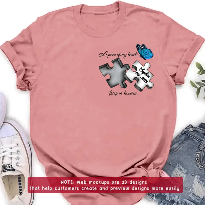 Custom Personalized Memorial Embroidered T-Shirt/ Hoodie/ Sweater - Upto 5 Puzzles - Memorial Gift for Mother's Day/Father's Day - A Piece Of My Heart Lives In Heaven