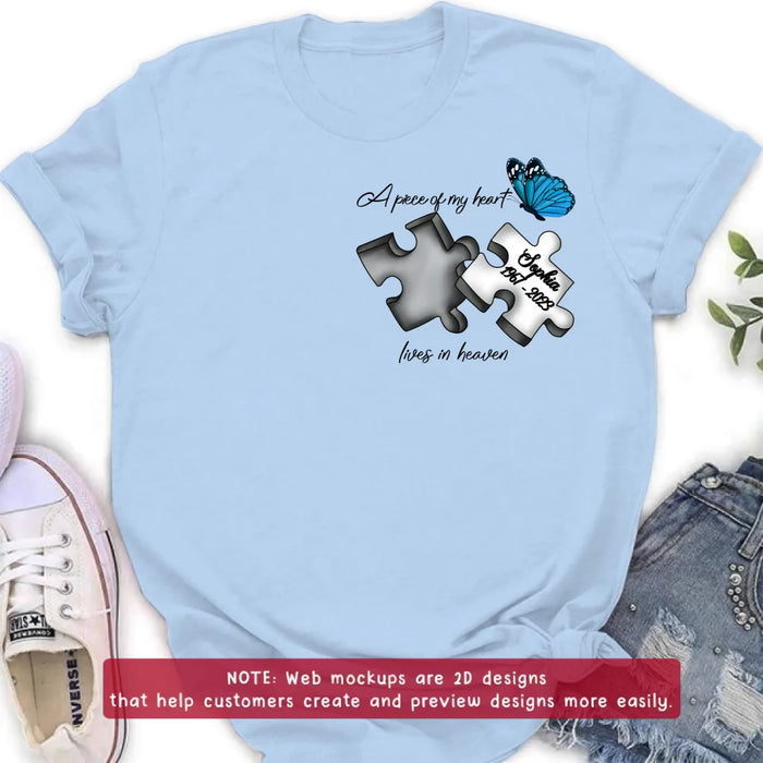 Custom Personalized Memorial Embroidered T-Shirt/ Hoodie/ Sweater - Upto 5 Puzzles - Memorial Gift for Mother's Day/Father's Day - A Piece Of My Heart Lives In Heaven