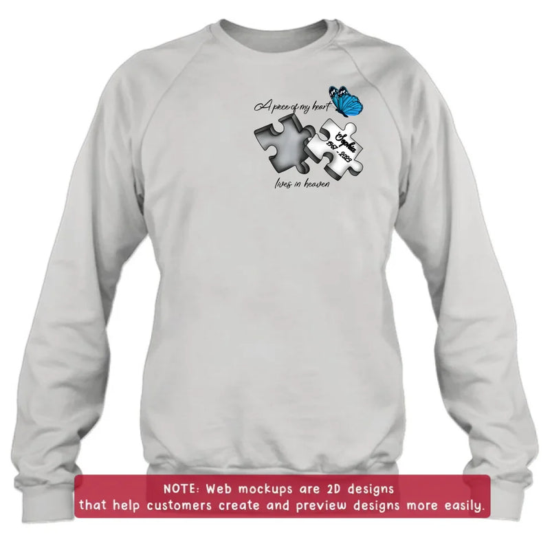 Personalized Memorial Embroidered T-Shirt/Hoodie/Sweater - Up to 5 Puzzles - Memorial Gift for Mother's Day/Father's Day - A Piece Of My Heart Lives In Heaven