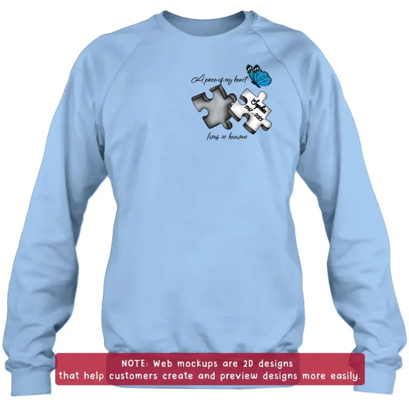 Personalized Memorial Embroidered T-Shirt/Hoodie/Sweater - Up to 5 Puzzles - Memorial Gift for Mother's Day/Father's Day - A Piece Of My Heart Lives In Heaven