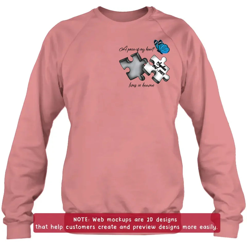 Personalized Memorial Embroidered T-Shirt/Hoodie/Sweater - Up to 5 Puzzles - Memorial Gift for Mother's Day/Father's Day - A Piece Of My Heart Lives In Heaven