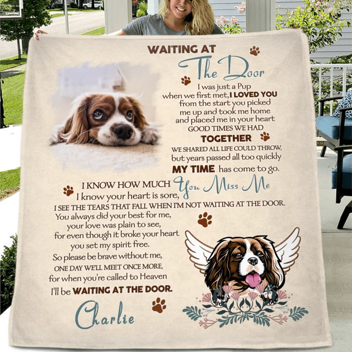 Custom Personalized Memorial Quilt/ Fleece Throw Blanket - Memorial Gift Idea For Dog Lover - Waiting At The Door