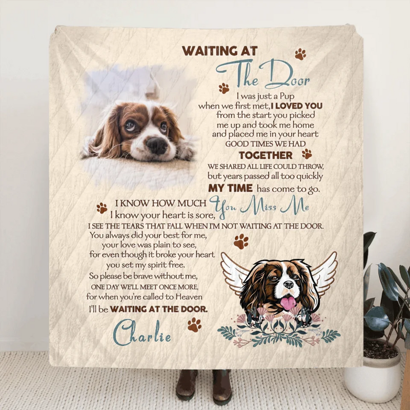 Personalized Memorial Quilt/Fleece Throw Blanket - Memorial Gift Idea For Dog Lover - Waiting At The Door