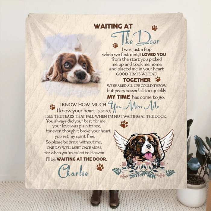 Custom Personalized Memorial Quilt/ Fleece Throw Blanket - Memorial Gift Idea For Dog Lover - Waiting At The Door