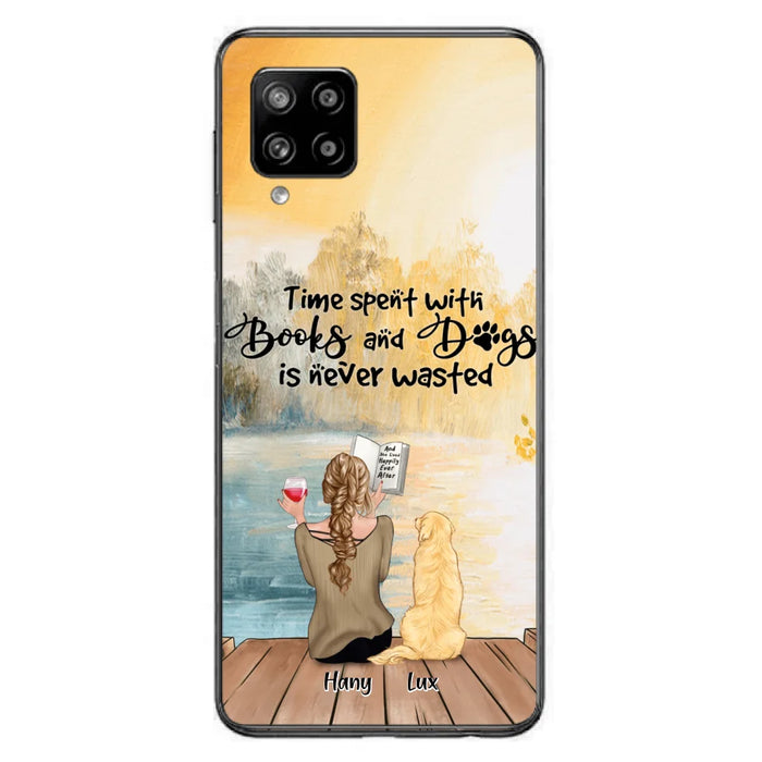 Custom Personalized Dog Book Mom Phone Case - Woman With Upto 4 Dogs - Best Gift For Dog Lover - Time Spent With Books And Dogs Is Never Wasted - Case For iPhone And Samsung