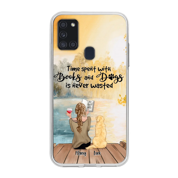 Custom Personalized Dog Book Mom Phone Case - Woman With Upto 4 Dogs - Best Gift For Dog Lover - Time Spent With Books And Dogs Is Never Wasted - Case For iPhone And Samsung