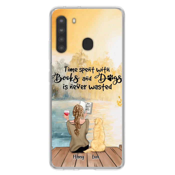 Custom Personalized Dog Book Mom Phone Case - Woman With Upto 4 Dogs - Best Gift For Dog Lover - Time Spent With Books And Dogs Is Never Wasted - Case For iPhone And Samsung